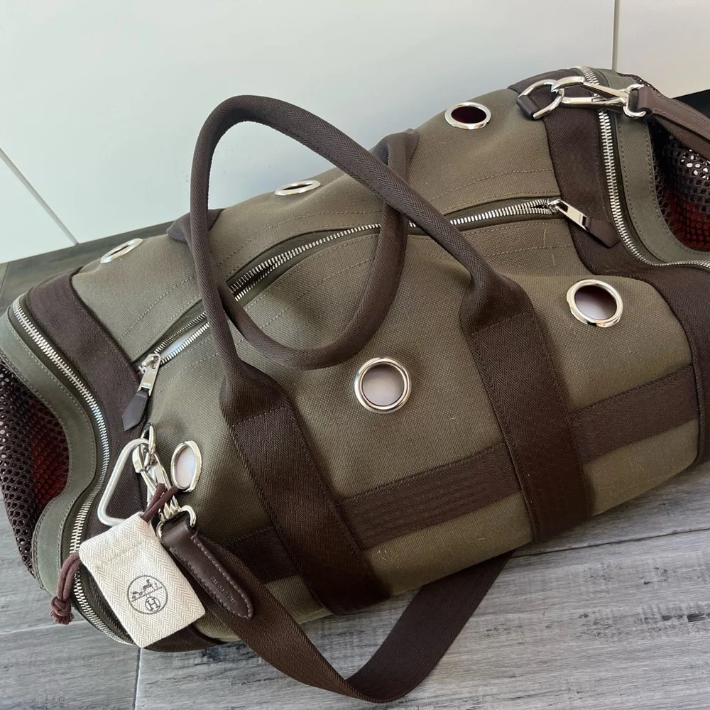 Hermes Careying Dog Travel Bag - Green Canvas